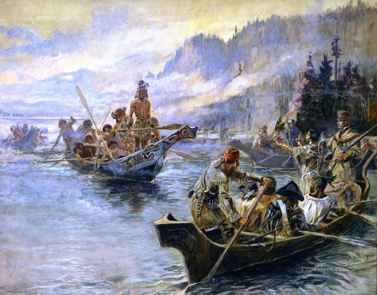 Lewis und Clark auf der unteren Columbia 1905 Charles Marion Russell Indianer Ölgemälde